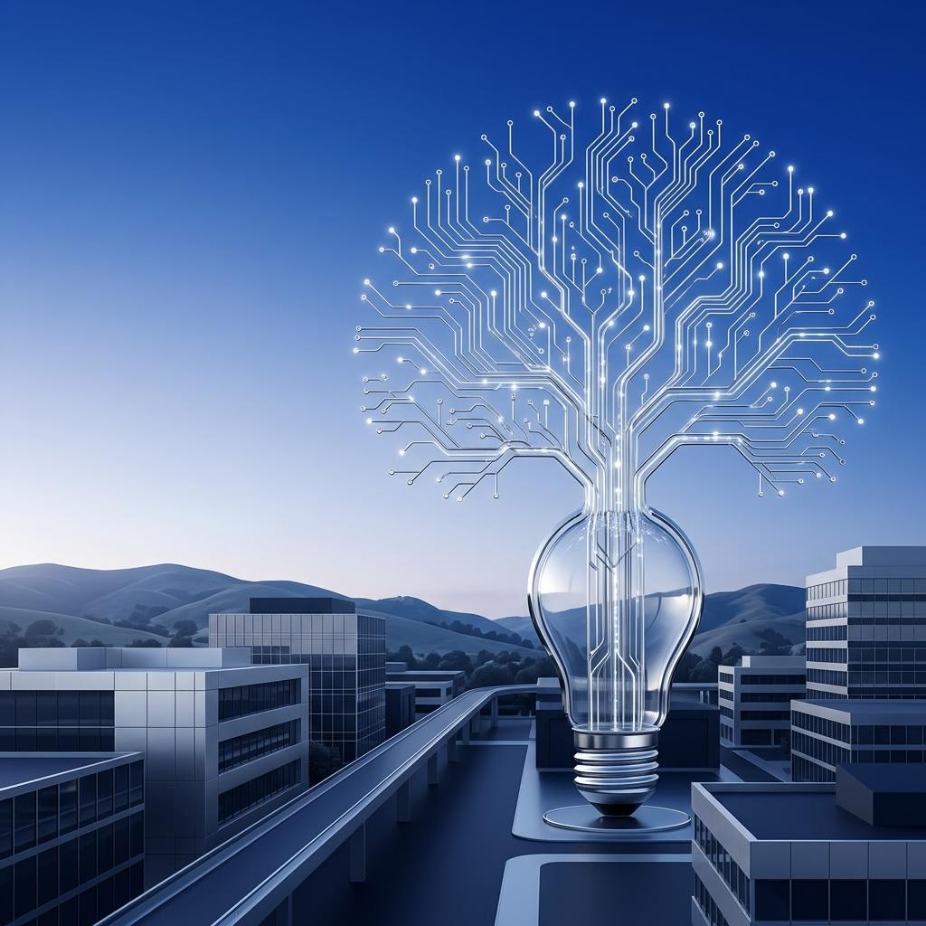 Surreal circuit tree growing from a modern Cupertino business landscape